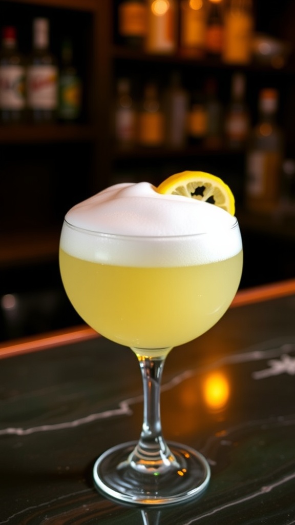 A Tequila Sour cocktail in a coupe glass topped with frothy egg white foam and a lemon twist, set on a rustic bar.